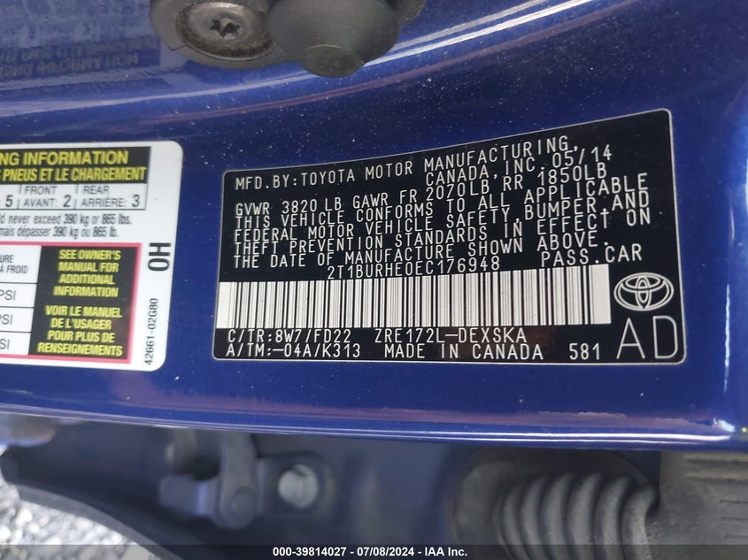 2014 TOYOTA COROLLA L/LE/LE PLS/PRM/S/S PLS - 2T1BURHE0EC176948