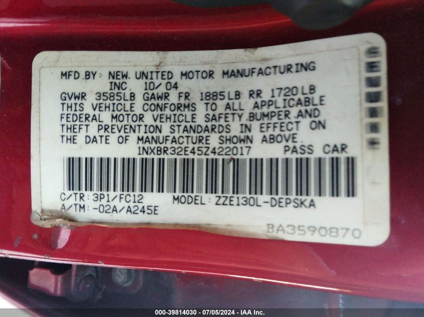 1NXBR32E45Z422017 2005 Toyota Corolla S