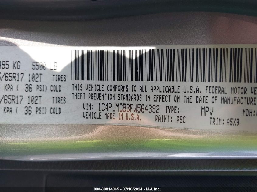 2015 Jeep Cherokee Latitude VIN: 1C4PJMCB3FW564392 Lot: 39814045