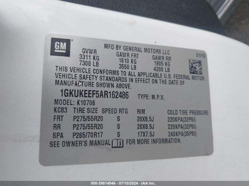 2010 GMC Yukon Denali VIN: 1GKUKEEF5AR162486 Lot: 39814046