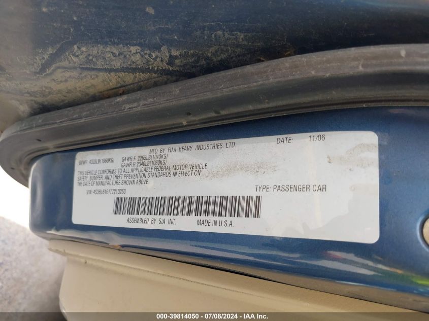 2007 Subaru Legacy 2.5I VIN: 4S3BL616177210260 Lot: 39814050