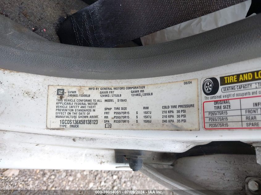 2005 Chevrolet Colorado Ls VIN: 1GCDS136X58138123 Lot: 39814051