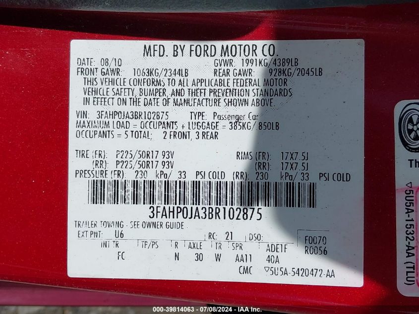 2011 Ford Fusion Sel VIN: 3FAHP0JA3BR102875 Lot: 39814063