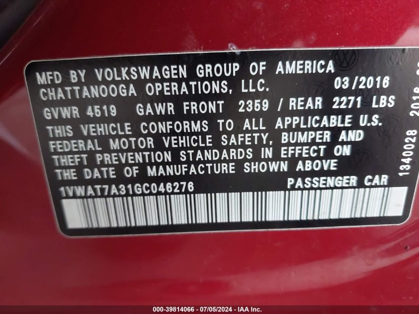 2016 Volkswagen Passat 1.8T S VIN: 1VWAT7A31GC046276 Lot: 39814066