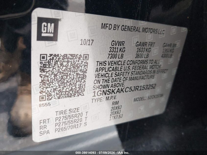2018 Chevrolet Tahoe K1500 Ls VIN: 1GNSKAKC5JR153252 Lot: 39814093