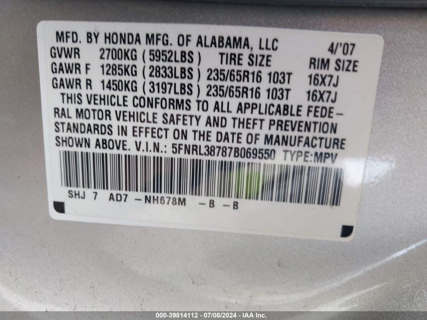 2007 Honda Odyssey Ex-L VIN: 5FNRL38787B069550 Lot: 39814112