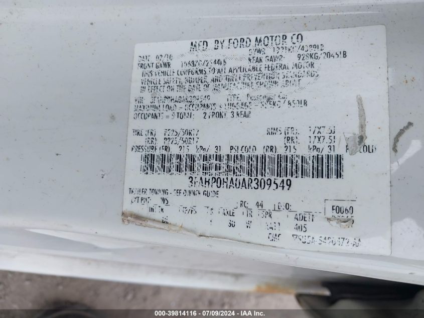 2010 Ford Fusion Se VIN: 3FAHP0HA0AR309549 Lot: 39814116