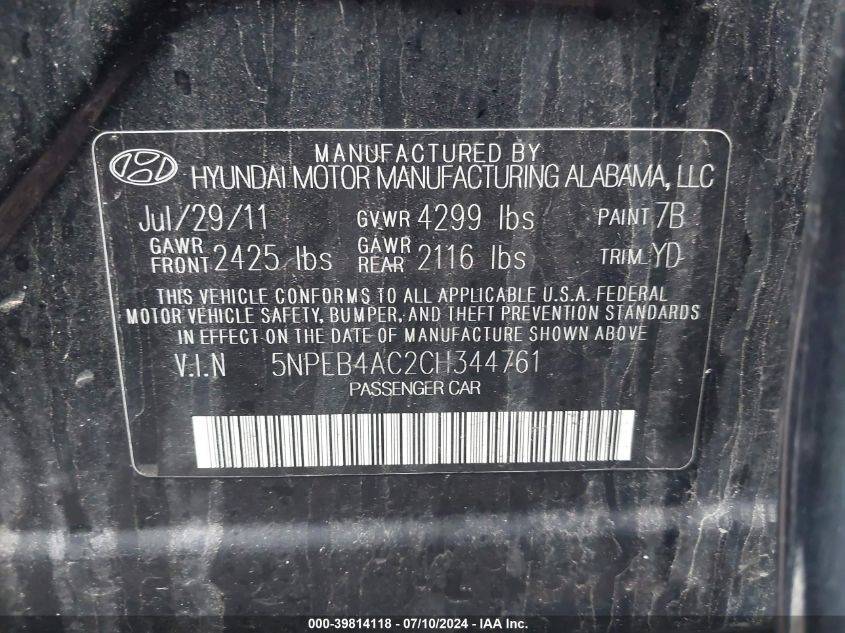 2012 Hyundai Sonata Gls VIN: 5NPEB4AC2CH344761 Lot: 39814118