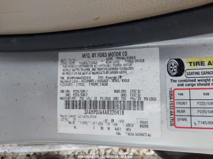 2010 Ford Fusion Sel VIN: 3FAHP0JA4AR320418 Lot: 39814129