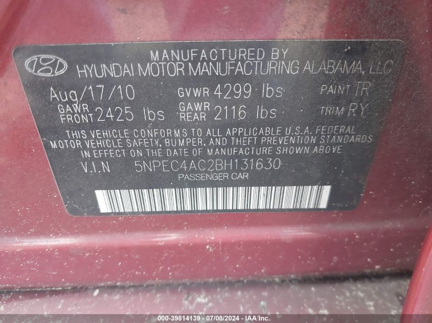 2011 Hyundai Sonata Se VIN: 5NPEC4AC2BH131630 Lot: 39814139