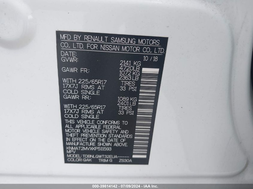 2019 Nissan Rogue Sv VIN: KNMAT2MVXKP511593 Lot: 39814142