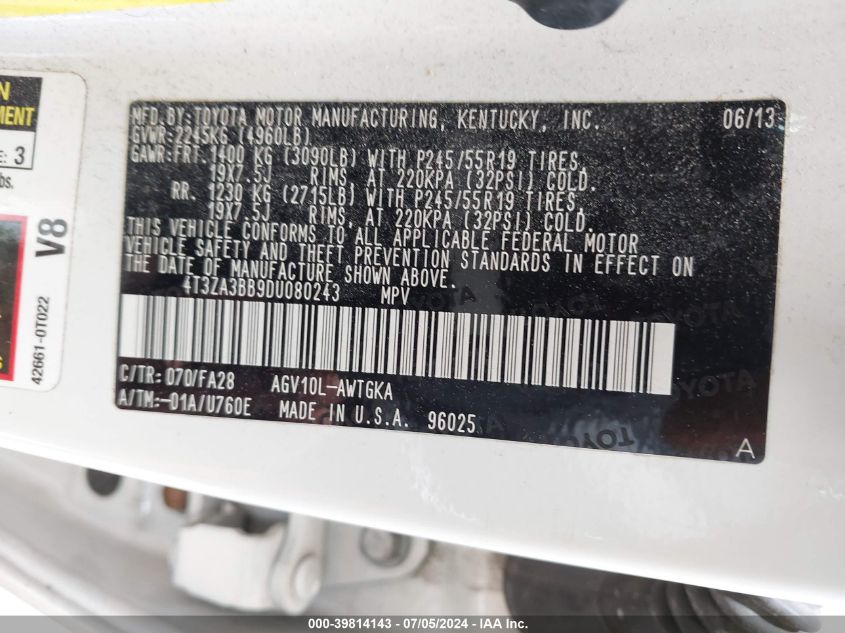 2013 Toyota Venza Le VIN: 4T3ZA3BB9DU080243 Lot: 39814143