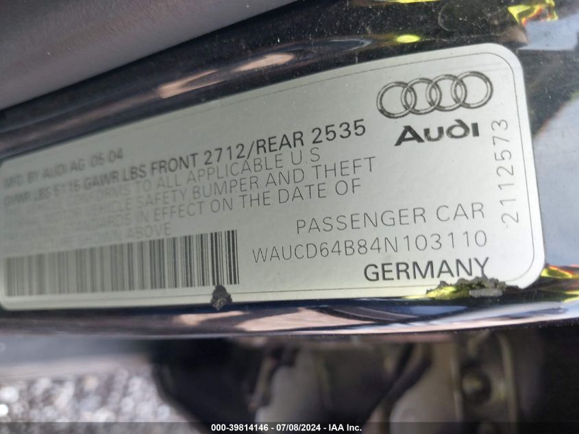 2004 Audi A6 S-Line Quattro VIN: WAUCD64B84N103110 Lot: 39814146