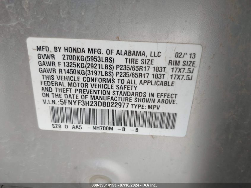 2013 Honda Pilot Lx VIN: 5FNYF3H23DB022977 Lot: 39814153