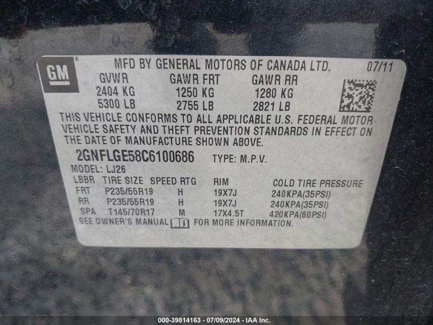 2012 Chevrolet Equinox Ltz VIN: 2GNFLGE58C6100686 Lot: 39814163