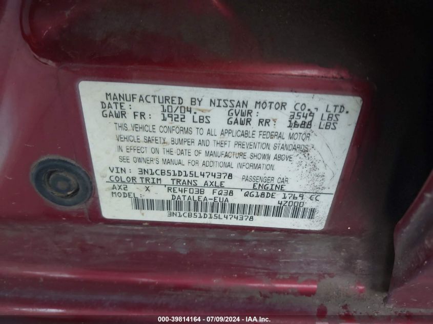 2005 Nissan Sentra 1.8/1.8S VIN: 3N1CB51D15L474378 Lot: 39814164