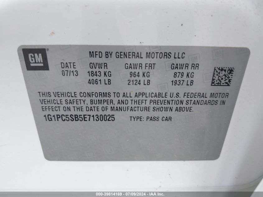 2014 Chevrolet Cruze 1Lt Auto VIN: 1G1PC5SB5E7130025 Lot: 39814169