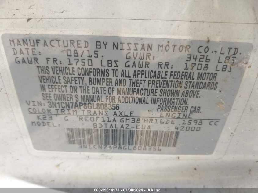 2016 Nissan Versa S/S Plus/Sv/Sl VIN: 3N1CN7AP8GL808356 Lot: 39814177