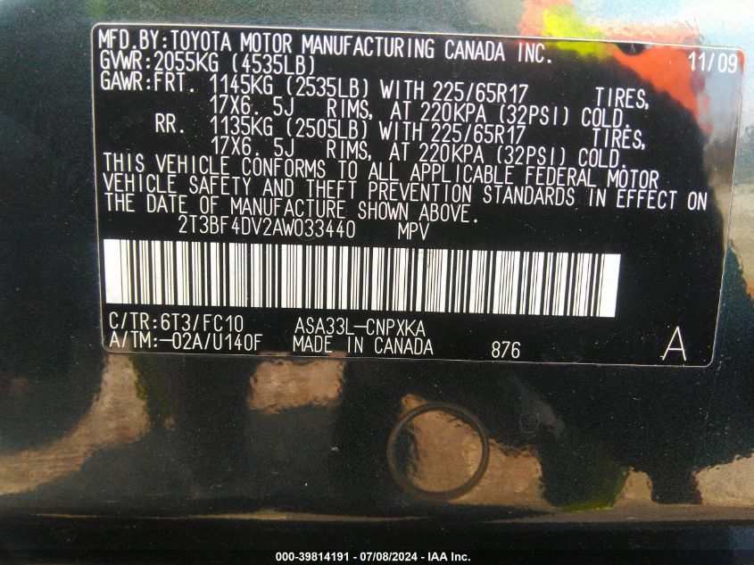 2010 Toyota Rav4 VIN: 2T3BF4DV2AW033440 Lot: 39814191