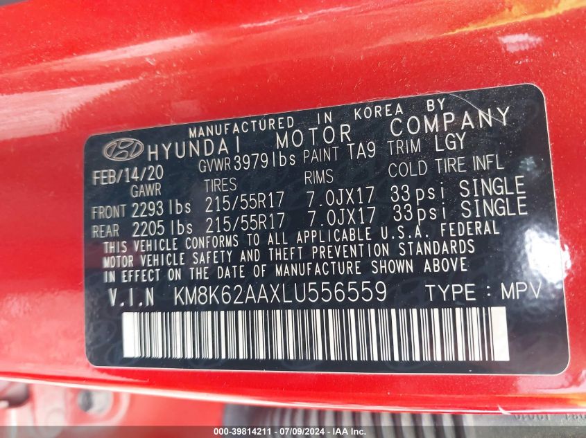 VIN KM8K62AAXLU556559 2020 Hyundai Kona, Sel Plus no.9