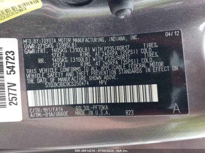 2012 Toyota Sienna Base V6 7 Passenger VIN: 5TDZK3DC9CS250474 Lot: 39814216