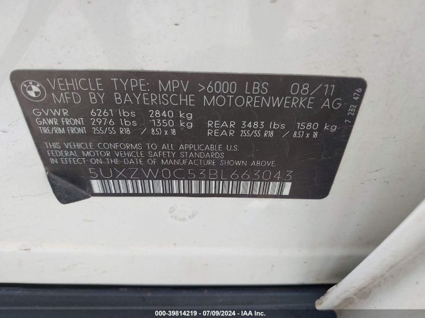 2011 BMW X5 xDrive35D VIN: 5UXZW0C53BL663043 Lot: 39814219