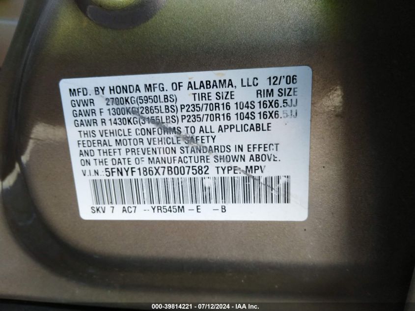 2007 Honda Pilot Exl VIN: 5FNYF186X7B007582 Lot: 39814221