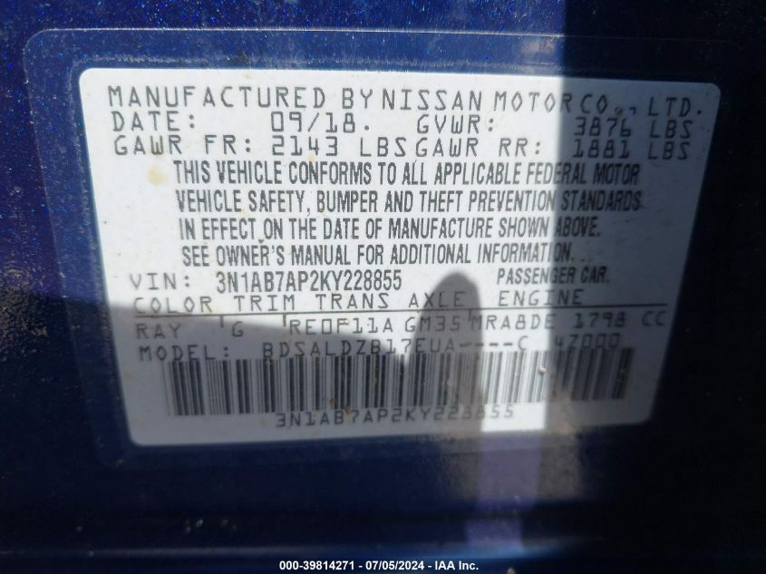 2019 Nissan Sentra Sv VIN: 3N1AB7AP2KY228855 Lot: 39814271