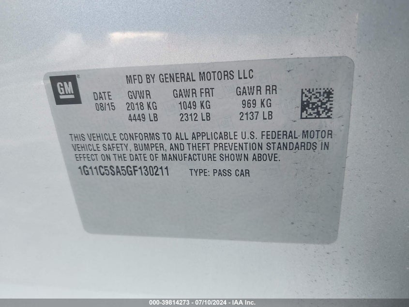 2016 Chevrolet Malibu Limited Lt VIN: 1G11C5SA5GF130211 Lot: 39814273