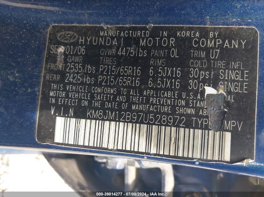 2007 Hyundai Tucson Gls VIN: KM8JM12B97U528972 Lot: 39814277