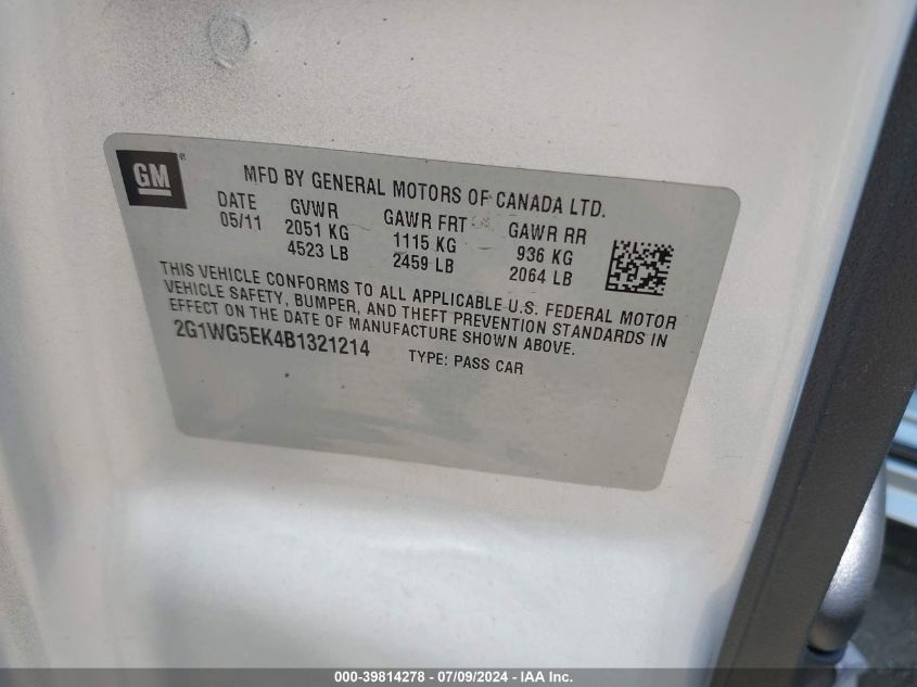 2011 Chevrolet Impala Lt VIN: 2G1WG5EK4B1321214 Lot: 39814278