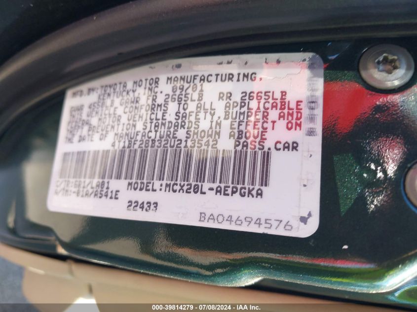 2002 Toyota Avalon Xls VIN: 4T1BF28B32U213542 Lot: 39814279