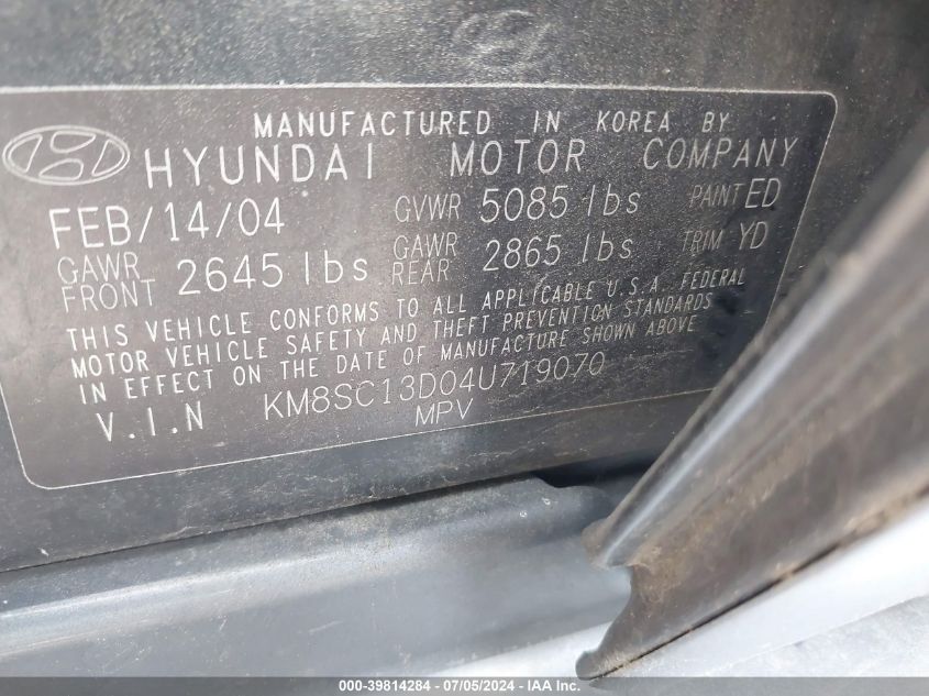 2004 Hyundai Santa Fe Gls VIN: KM8SC13D04U719070 Lot: 39814284