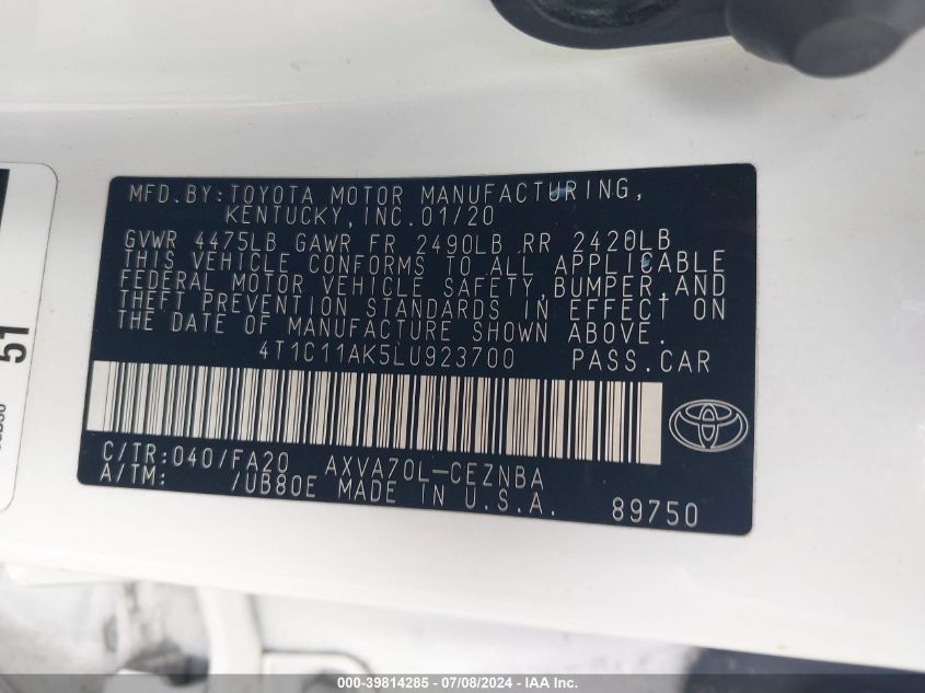 2020 TOYOTA CAMRY LE - 4T1C11AK5LU923700