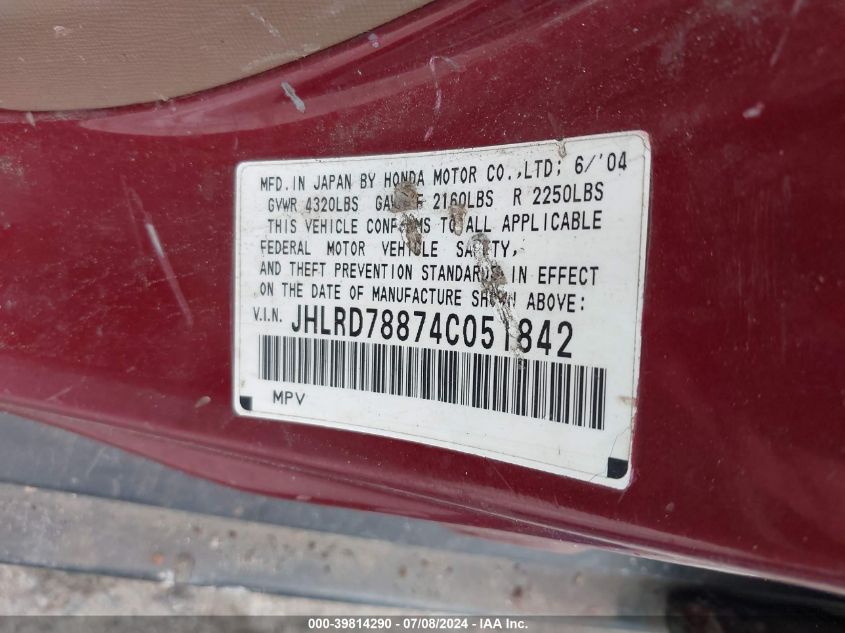 2004 Honda Cr-V Ex VIN: JHLRD78874C051842 Lot: 39814290