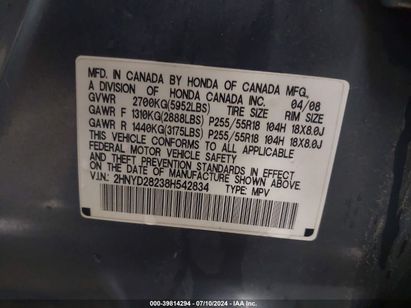 2008 Acura Mdx VIN: 2HNYD28238H542834 Lot: 39814294