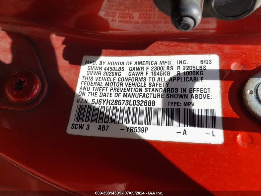 2003 Honda Element Ex VIN: 5J6YH28573L032688 Lot: 39814301