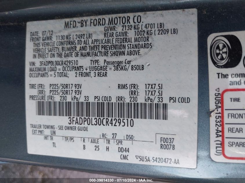 2012 Ford Fusion Hybrid VIN: 3FADP0L30CR429510 Lot: 39814330