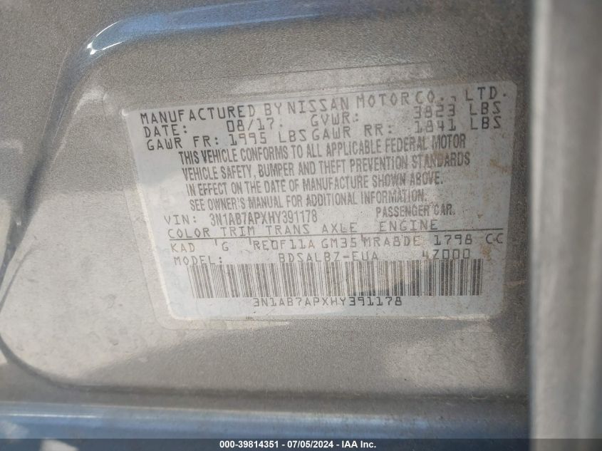 2017 Nissan Sentra S VIN: 3N1AB7APXHY391178 Lot: 39814351