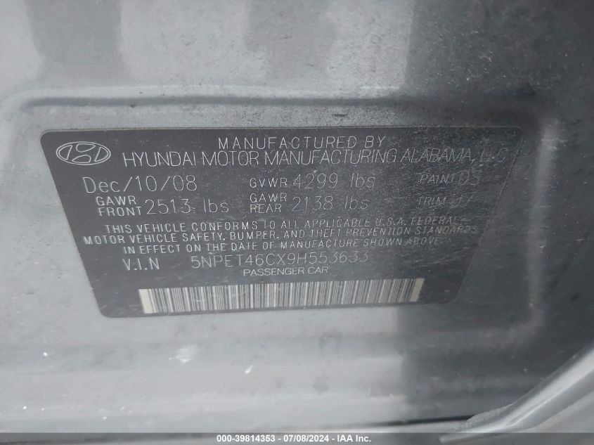 2009 Hyundai Sonata Gls VIN: 5NPET46CX9H553633 Lot: 39814353