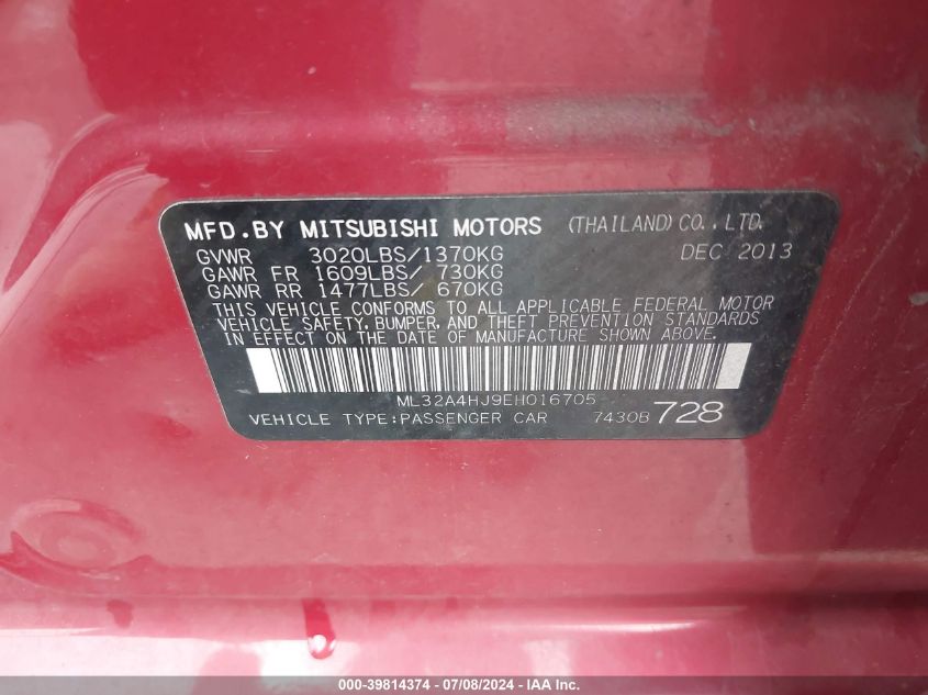 2014 Mitsubishi Mirage Es VIN: ML32A4HJ9EH016705 Lot: 39814374