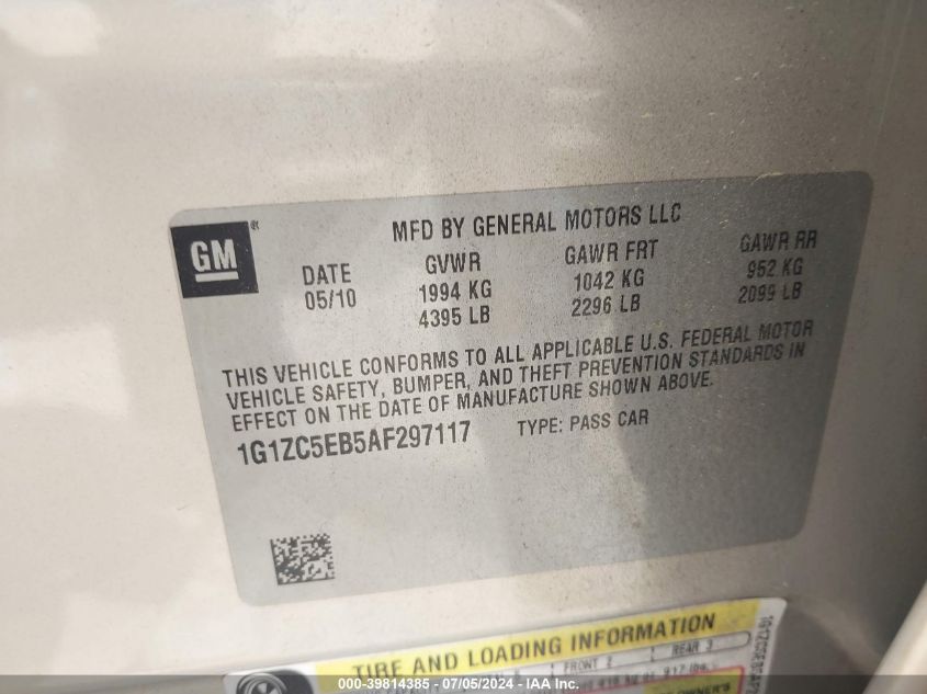 2010 Chevrolet Malibu Lt VIN: 1G1ZC5EB5AF297117 Lot: 39814385