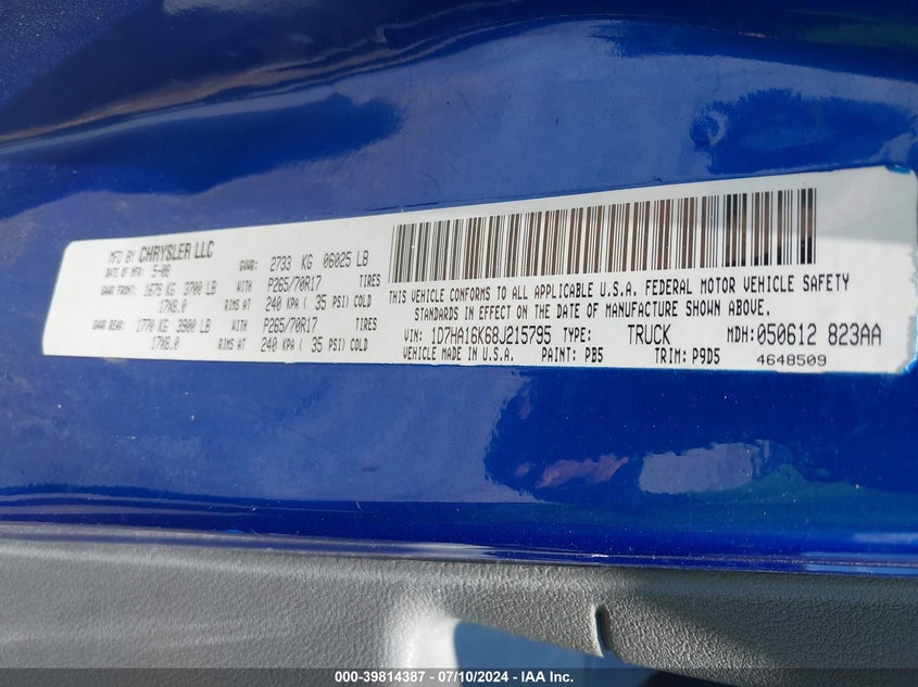 2008 Dodge Ram 1500 St/Sxt VIN: 1D7HA16K68J215795 Lot: 39814387