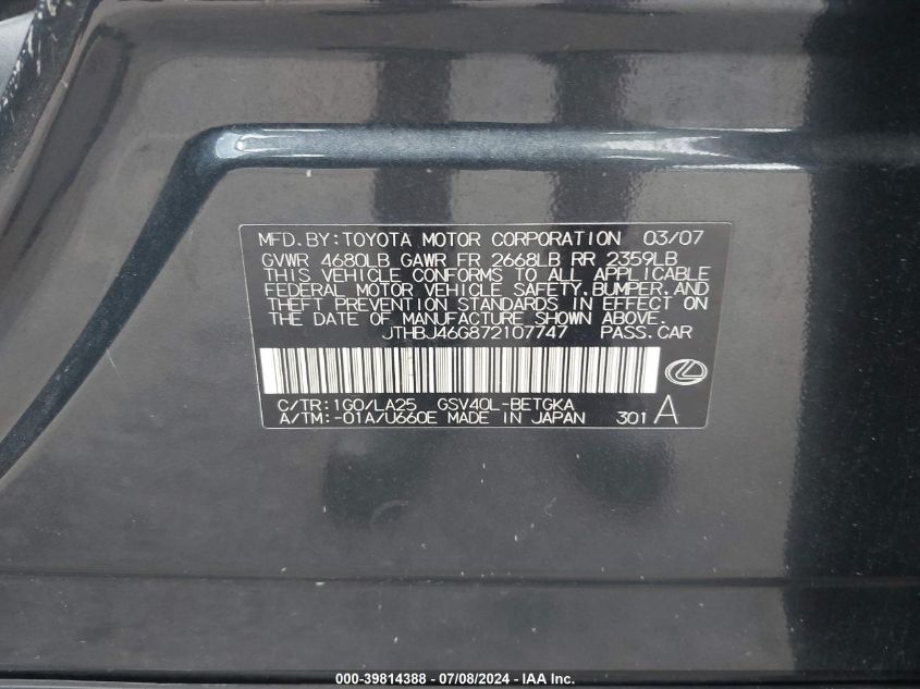 2007 Lexus Es 350 VIN: JTHBJ46G872107747 Lot: 39814388