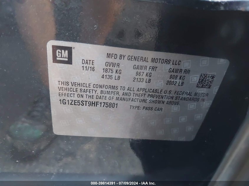 2017 Chevrolet Malibu 1Lt VIN: 1G1ZE5ST9HF175801 Lot: 39814391