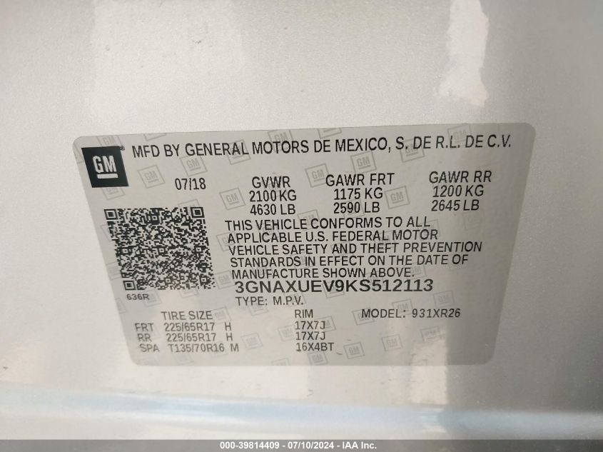 2019 Chevrolet Equinox Lt VIN: 3GNAXUEV9KS512113 Lot: 39814409