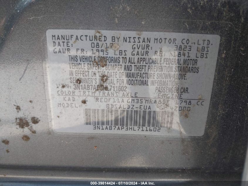 2017 Nissan Sentra S/Sv/Sr/Sl VIN: 3N1AB7AP3HL711602 Lot: 39814424