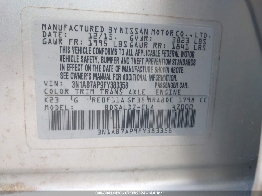 2015 Nissan Sentra S/Sv/Sr/Sl VIN: 3N1AB7AP9FY383358 Lot: 39814428