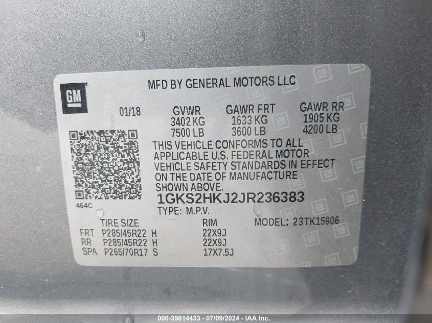 2018 GMC Yukon Xl Denali VIN: 1GKS2HKJ2JR236383 Lot: 39814433