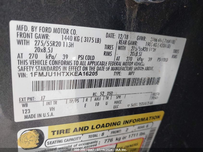2019 Ford Expedition Xlt VIN: 1FMJU1HTXKEA16205 Lot: 39814447